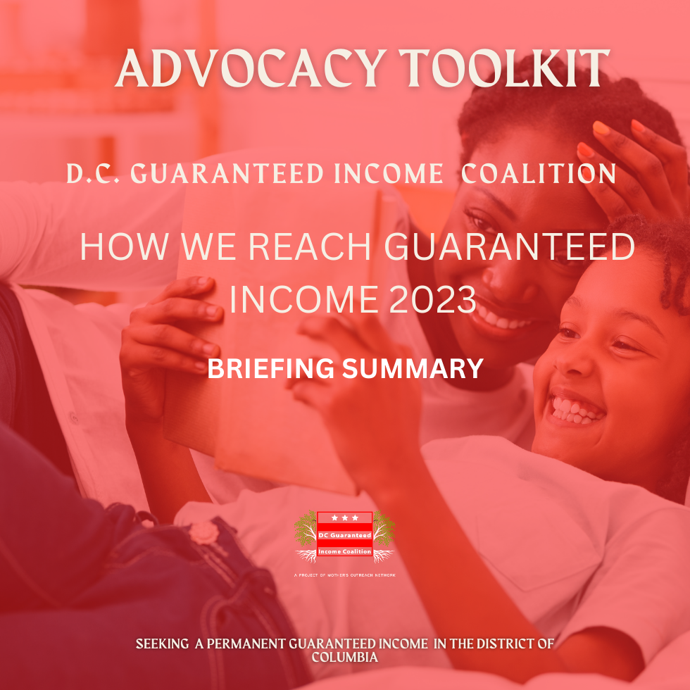 Advocacy Toolkit image with "How We Reach Guaranteed Income 2023" over an African American mother and child reading a book together.