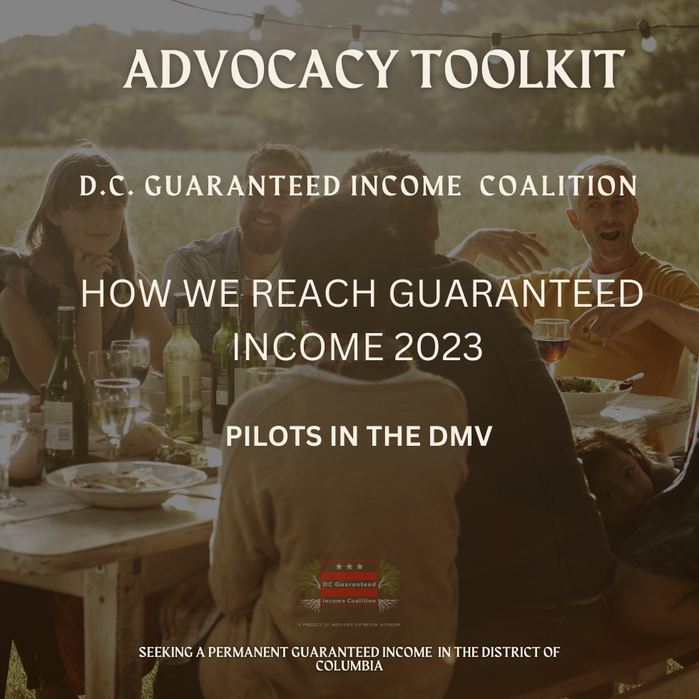 Advocacy Toolkit image with "How We Reach Guaranteed Income 2023" over a group of people meeting over dinner.