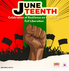 Graphic of a raised fist against a red, green and orange background and the title Juneteenth.