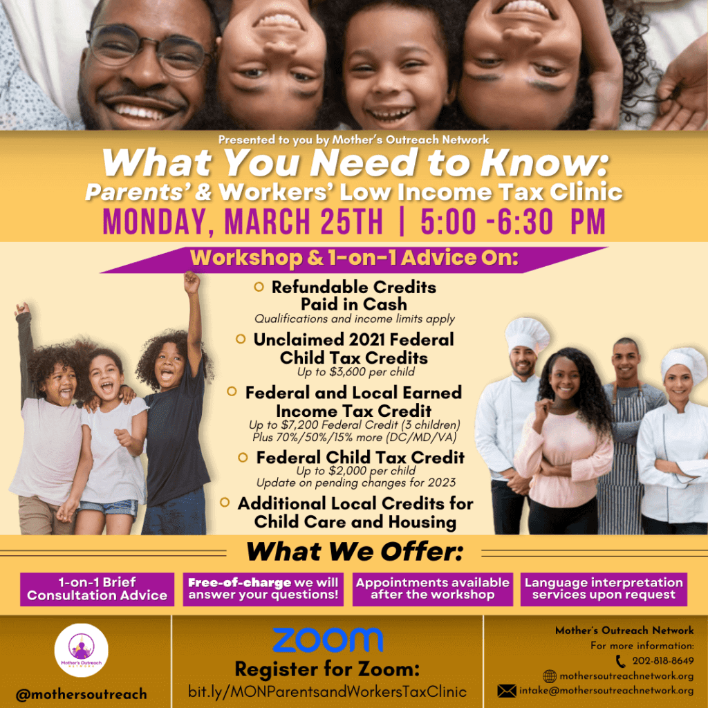 March 25th Parents and Workers Low Income Tax Clinic graphic